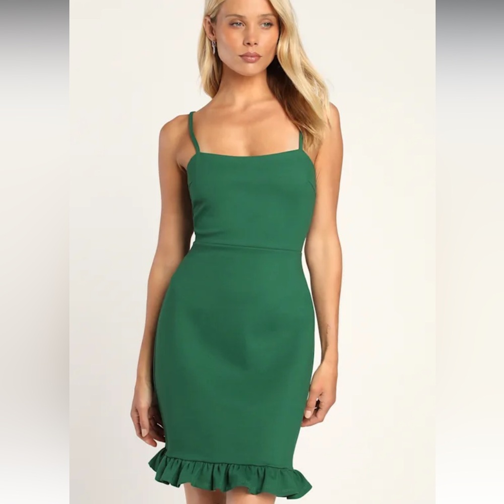 Lulus Green Spoonful of Sass Ruffle Bottom‎ Bodycon Mini Dress NWT S